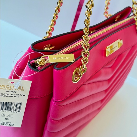 Michael Kors Whitney Medium Tote Shoulder Bag Qulited Stripe Electric Pink - Picture 16 of 16